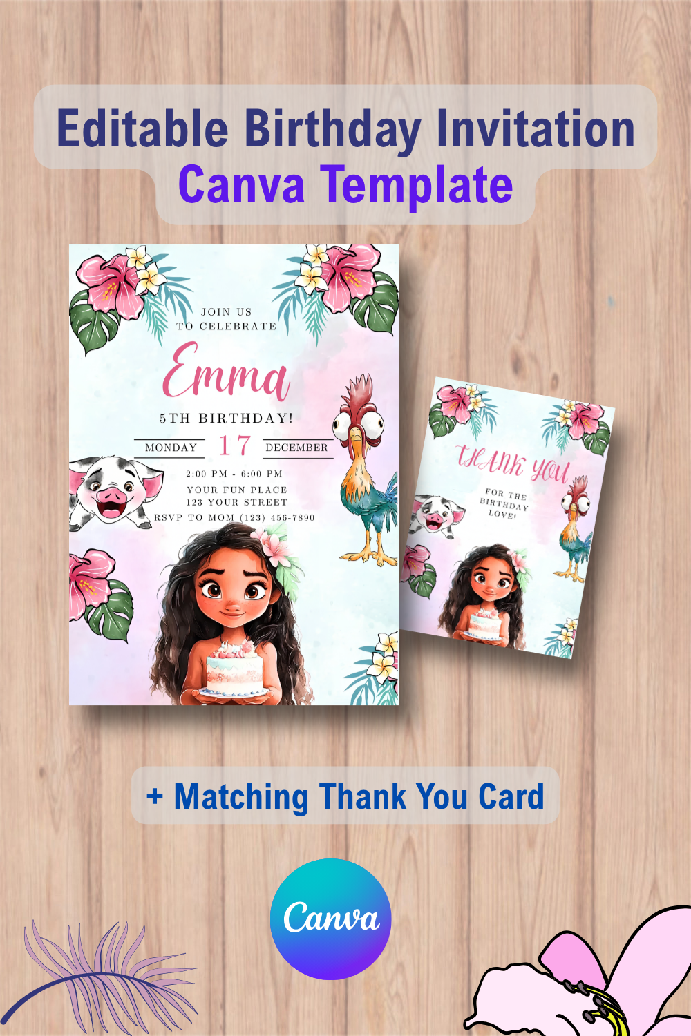 Moana Birthday Invitation, Editable Hawaiian Theme with Thank You Card 1 1125 Moana Birthday Invitation, Editable Hawaiian Theme with Thank You Card Canva Template
