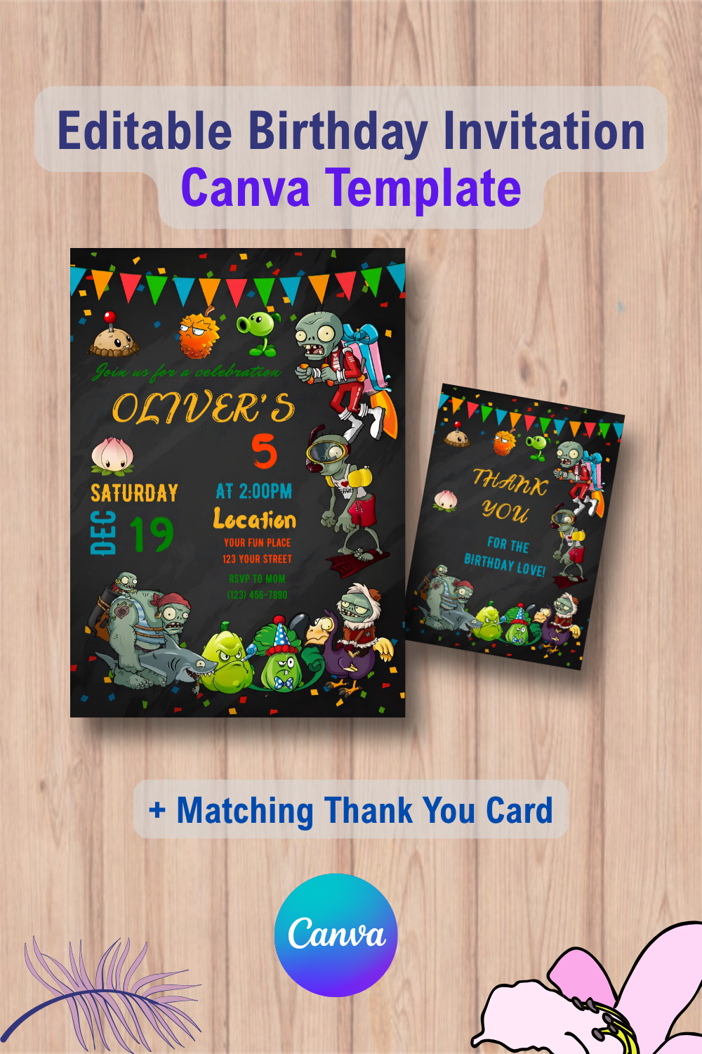 Plants vs Zombies birthday invitation2 with Thank You Card 1 1126 Plants vs Zombies birthday invitation2 with Thank You Card Canva Template