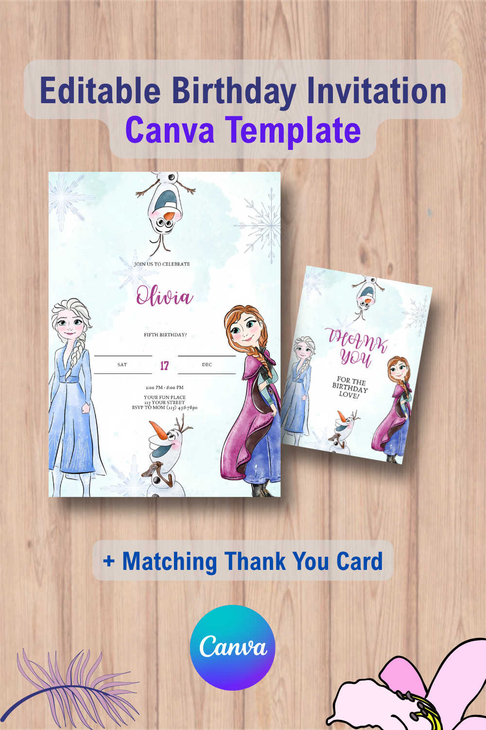 1127 Frozen Birthday Invitation Princess Elsa Anna Party Invitation with Thank You Card Canva Template
