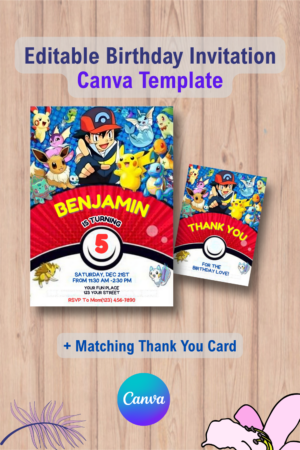 Pokemon Birthday Invitation with Thank You Card
