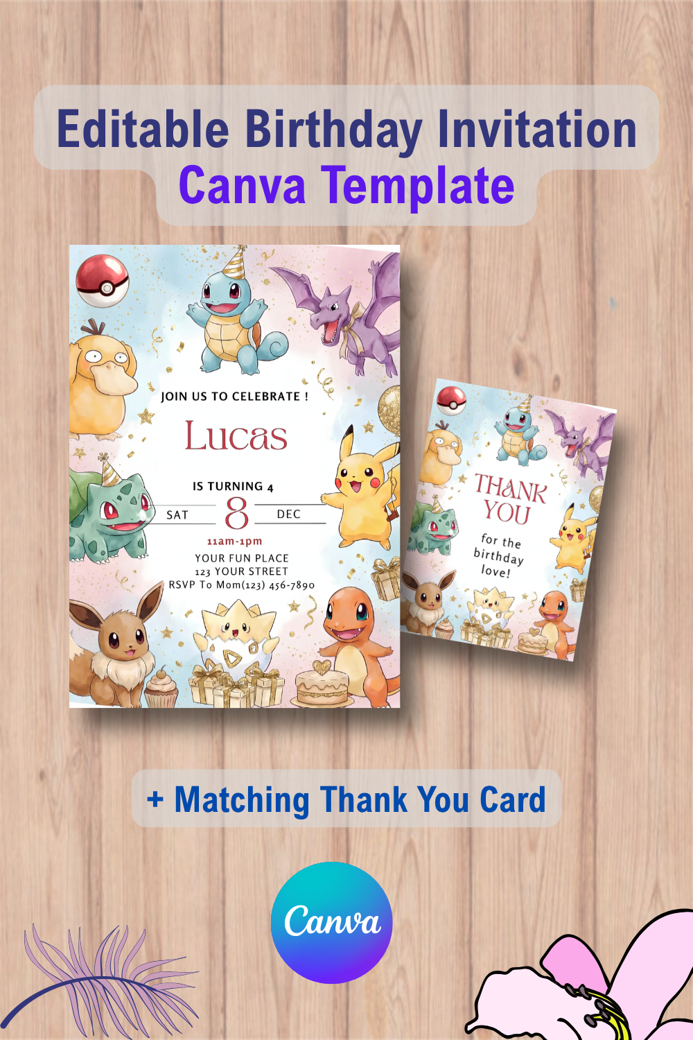 1129 Pokemon birthday invitation with Thank You Card Canva Template