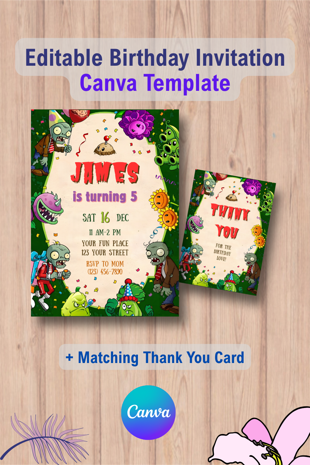 1131 Plants vs Zombies birthday invitation with Thank You Card Canva Template