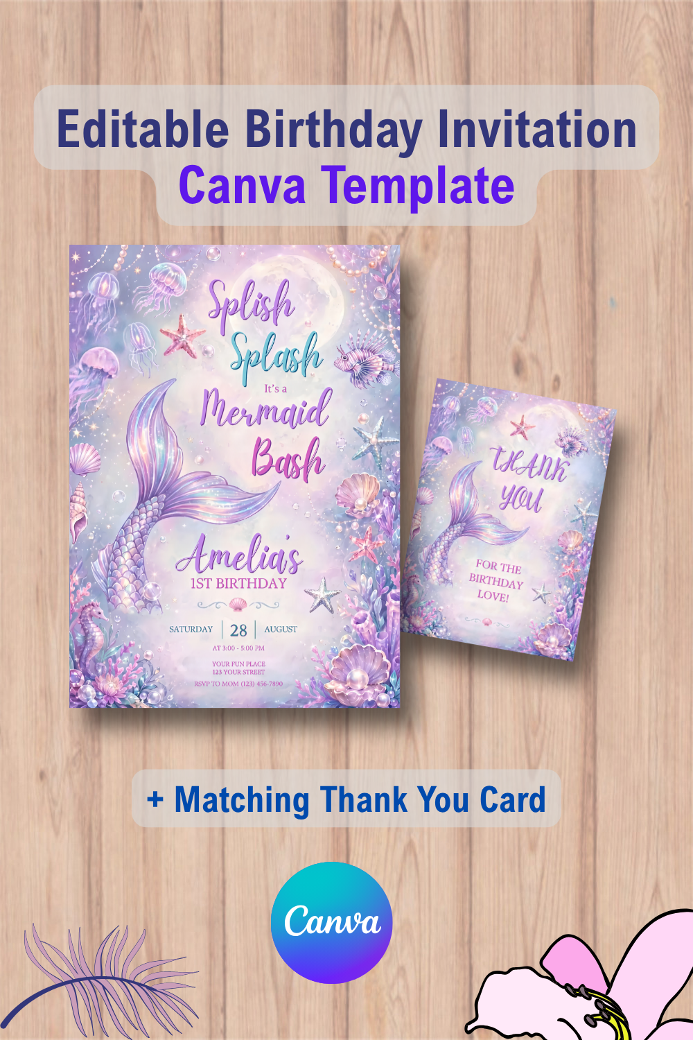 Mermaid Tail Birthday Invitation with Thank You Card 2 1132 Mermaid Tail Birthday Invitation with Thank You Card Canva Template