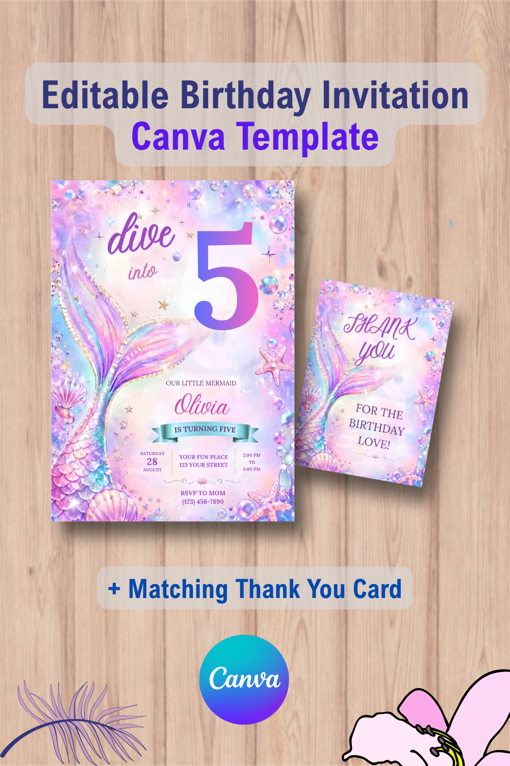 Glitter Mermaid Birthday Invitation with Thank You Card 2 1133 Glitter Mermaid Birthday Invitation with Thank You Card - Themed Ideas