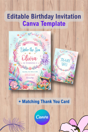 1134 Under The Sea Birthday Invitation with Thank You Card Canva Template
