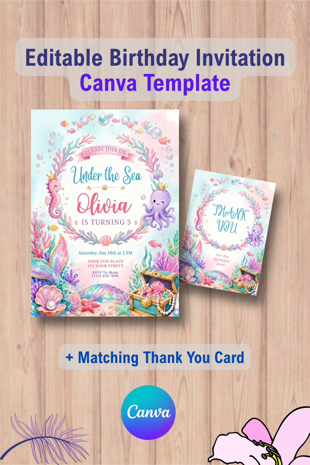 1134 Under The Sea Birthday Invitation with Thank You Card Canva Template