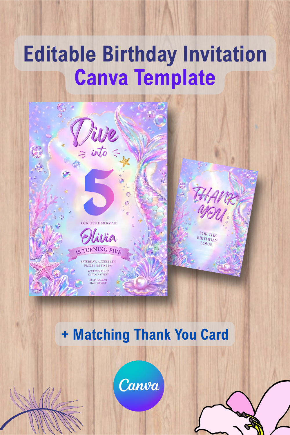 Mermaid Birthday Invitation. Under The Sea Birthday Invite with Thank You Card 1 1135 Mermaid Birthday Invitation. Under The Sea Birthday Invite with Thank You Card Canva Template