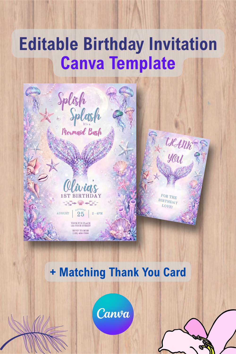 1136 Mermaid Tail Birthday Invitation Template, Mermaid Bash Under the Sea Invite with Thank You Card Canva Template