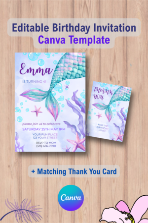 Watercolor Mermaid Birthday Invitation, Under the Sea Party Invite with Thank You Card 8 1137 Watercolor Mermaid Birthday Invitation, Under the Sea Party Invite with Thank You Card Canva Template