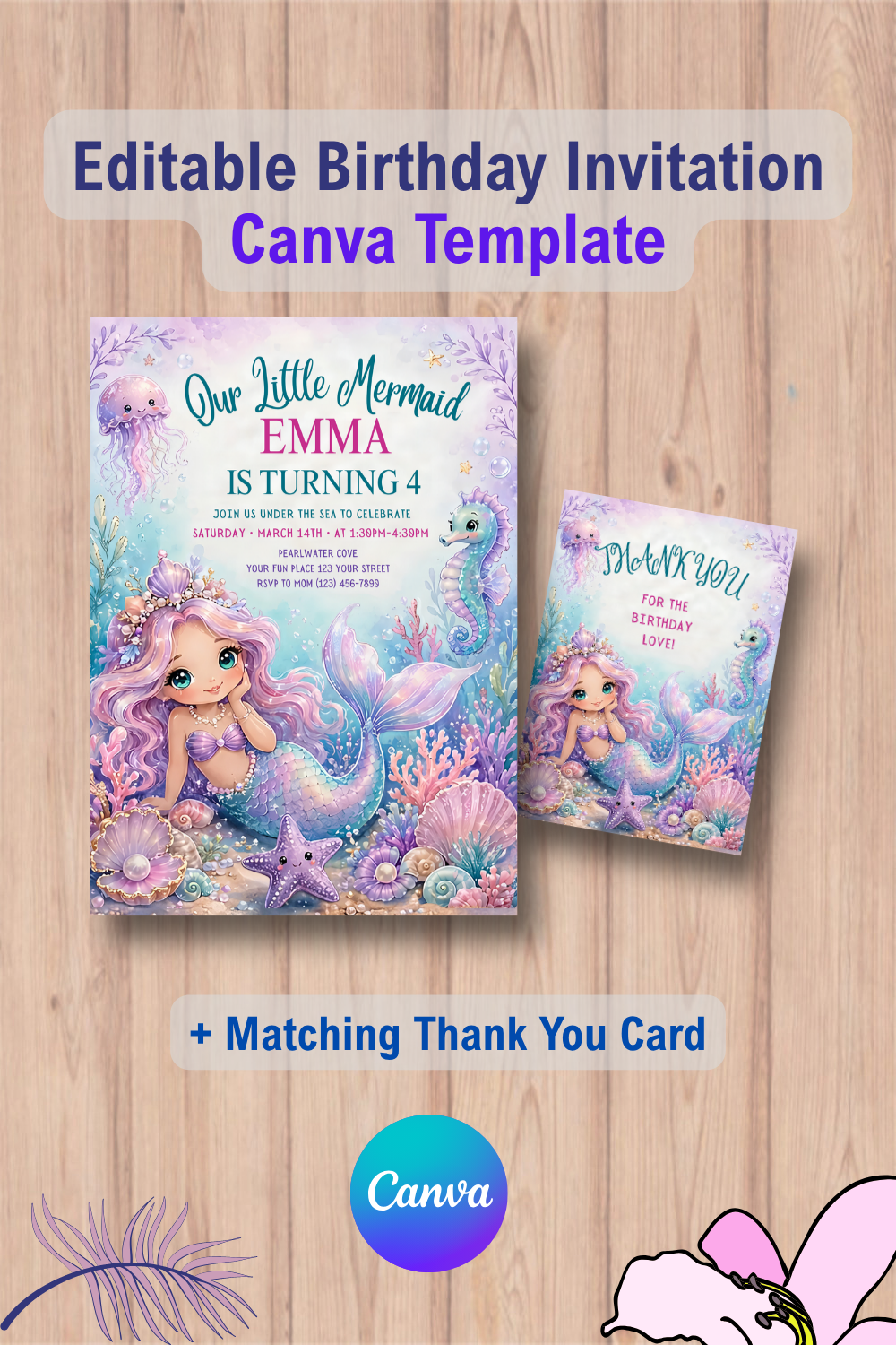 1138 Mermaid Birthday Invitation, Under the Sea Party Invite with Thank You Card Canva Template