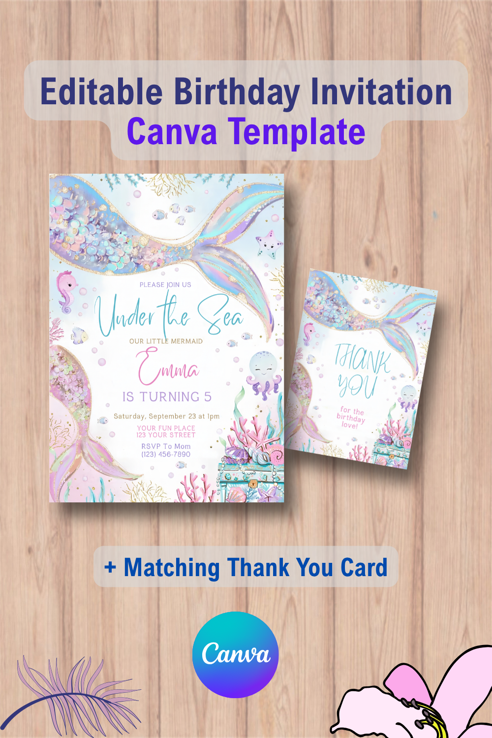 Mermaid Birthday Invitation, Under the Sea Theme with Thank You Card 1 1139 Mermaid Birthday Invitation Under the Sea Theme with Thank You Card - Themed Ideas