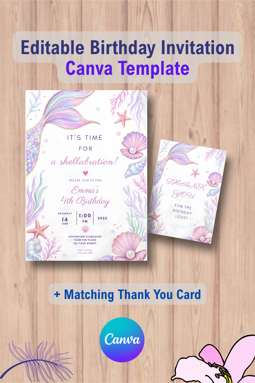 1142 Birthday Girl Under-the-Sea Mermaid Watercolor Invitation with Thank You Card Canva Template